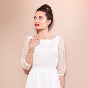 Simple bridal top with dotted tulle sleeves wedding dress two-piece registry office LEILA image 1