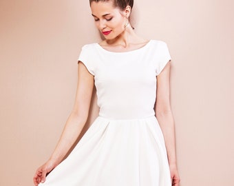 Simple registry office wedding dress with swinging plate skirt, short sleeves and back slit LARA