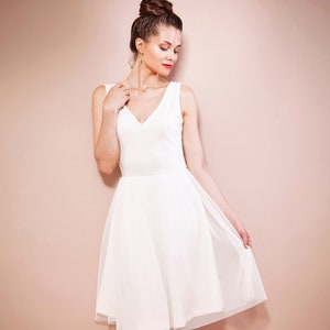 Simple summer wedding dress registry office with short tulle skirt, V-neck, sleeveless back