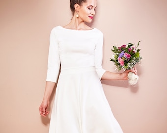 Simple wedding dress registry office wedding short with boat neckline, circle skirt and 3/4 sleeves ivory SCARLET