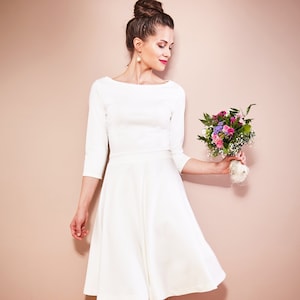 Simple wedding dress registry office wedding short with boat neckline, circle skirt and 3/4 sleeves ivory SCARLET