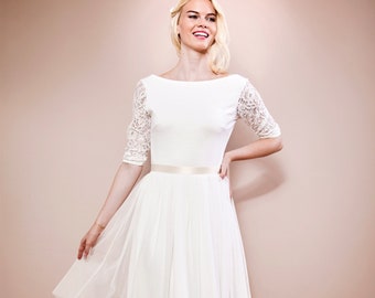 Wedding dress registry office with short tulle skirt, 3/4 sleeves made of lace and back cut-out made to measure EMILIA