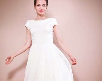 Midi wedding dress simple with tulle skirt, back neckline and short sleeves Civil registry dress DARYA