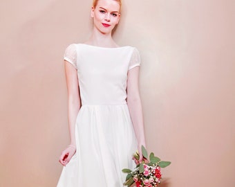 Short, simple wedding dress registry office with swinging plate skirt, short lace sleeves and back neckline CAMILLE