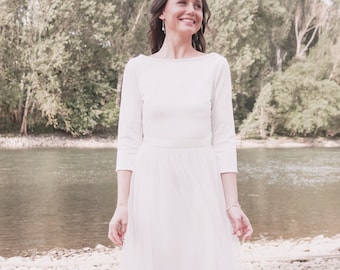 Long wedding dress with a simple tulle skirt with a boat neckline and 3/4 sleeves Winter wedding dress LILIA