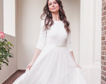 Midi wedding dress simple with tulle skirt, back neckline and 3/4 sleeves registry office dress CALEA