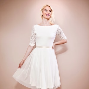 Wedding dress registry office with short tulle skirt, 3/4 sleeves made of lace and back cut-out made to measure EMILIA