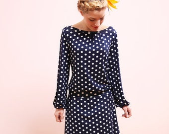 SALE 1x size 42 dress with dots and long sleeves made of jersey, polka dots dress in navy-white VALERIA