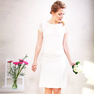 Simple, short registry office wedding dress with a low waist, boat neckline and short tulle sleeves VALERIA