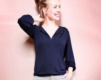 Blouse shirt SUSA with slit and 3/4 sleeves in navy blue