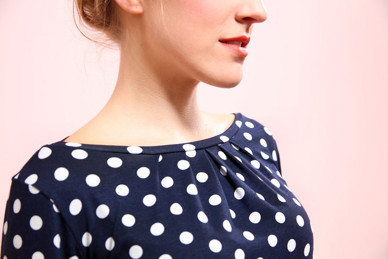 Jersey dot dress with long sleeves, polka dots dress in navy-white VALERIA image 4