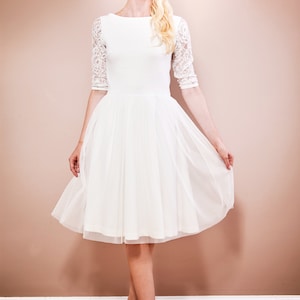 Wedding dress registry office with short tulle skirt, 3/4 sleeves made of lace and back cut-out made to measure EMILIA image 5