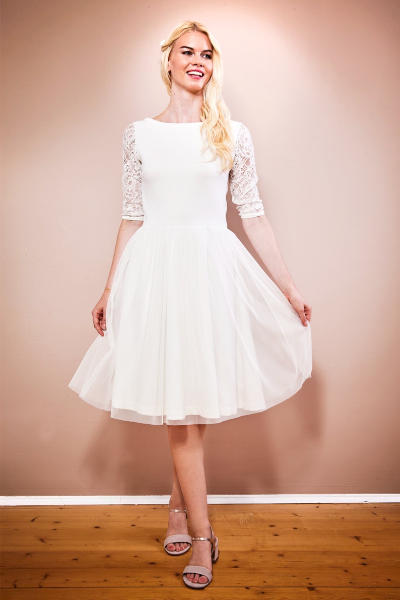 Wedding dress registry office with short tulle skirt, 3/4 sleeves made of lace and back cut-out made to measure EMILIA image 5