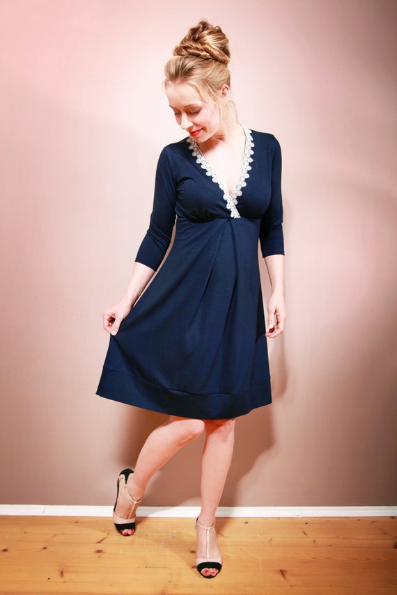 Empire Dress GEMMA With Lace in Navy Blue - Etsy