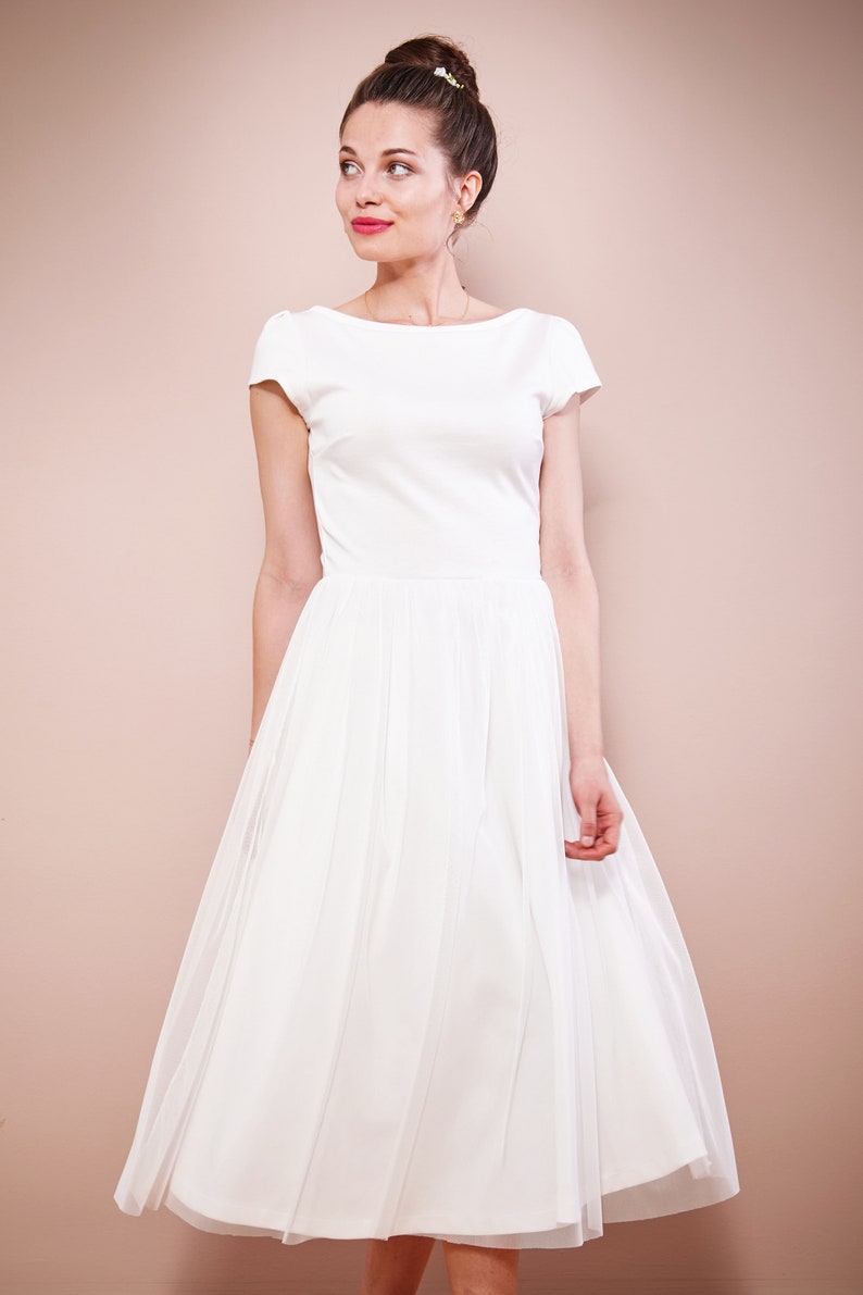 Midi Wedding Dress DARYA With Tulle Skirt and Back Neckline - Etsy