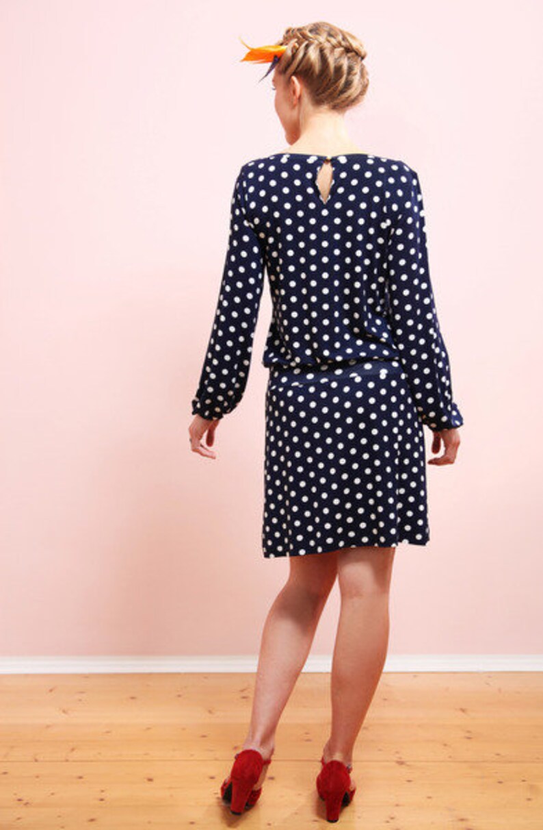 Jersey dot dress with long sleeves, polka dots dress in navy-white VALERIA image 3