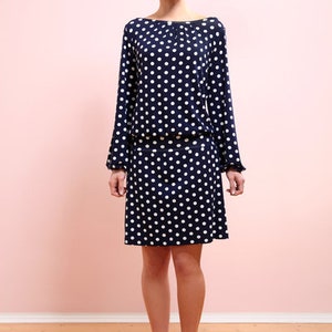 Jersey dot dress with long sleeves, polka dots dress in navy-white VALERIA image 2