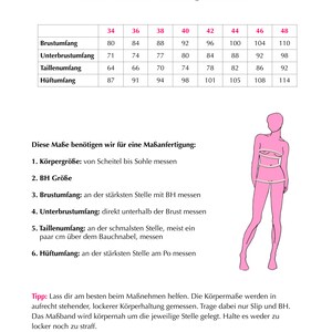 May include: A chart with measurements for bust, underbust, waist, and hips in inches. The chart shows measurements for sizes 34 to 48. The text says "MIRASTERN Damen Ma&szlig;tabelle und richtig Ma&szlig;nehmen".