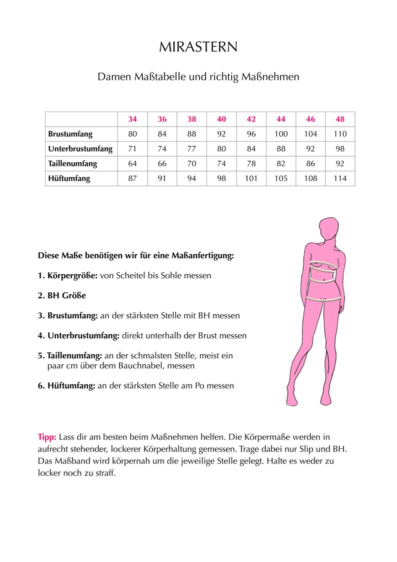 May include: A chart with measurements for bust, underbust, waist, and hips in inches. The chart shows measurements for sizes 34 to 48. The text says "MIRASTERN Damen Ma&szlig;tabelle und richtig Ma&szlig;nehmen".
