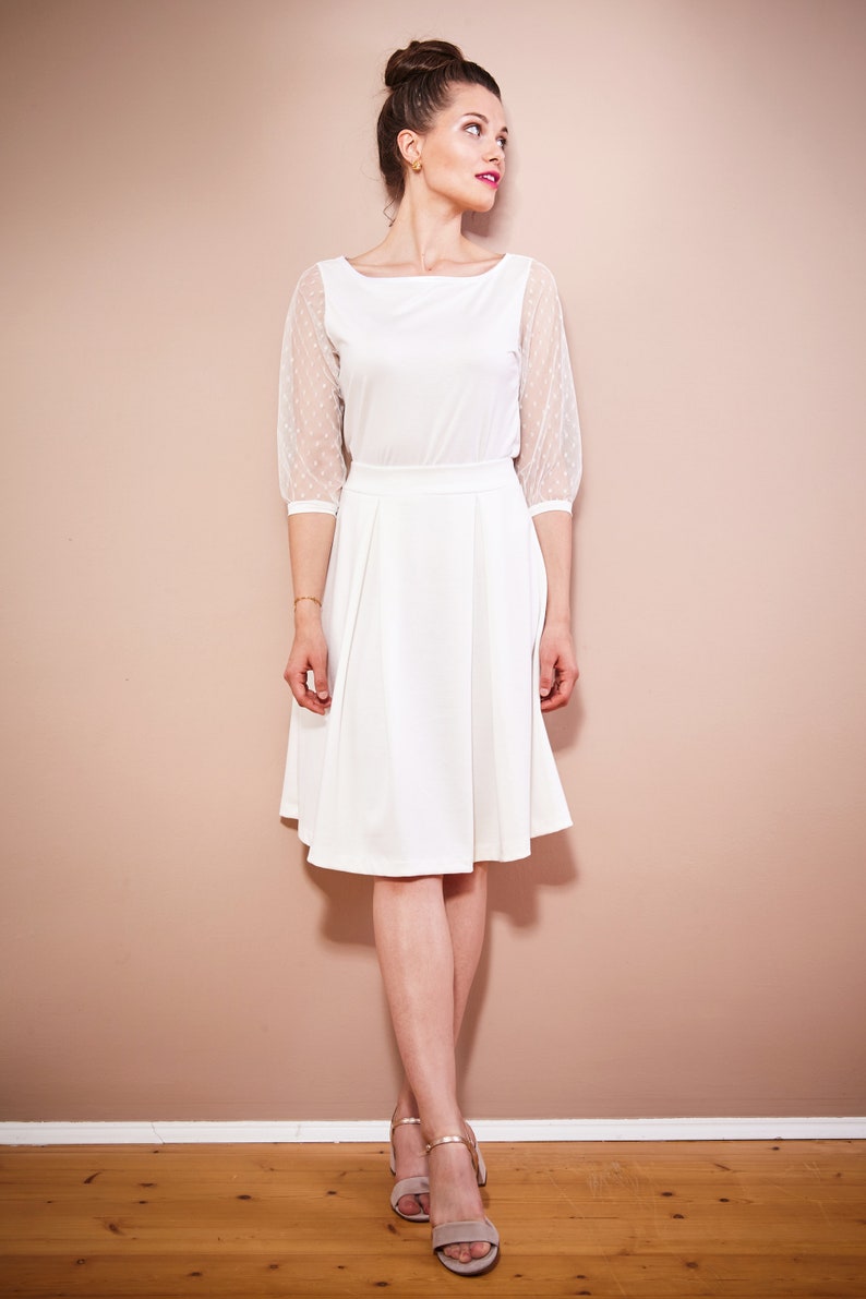 Simple bridal top with dotted tulle sleeves wedding dress two-piece registry office LEILA image 3