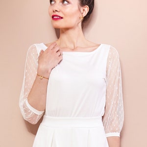 Simple bridal top with dotted tulle sleeves wedding dress two-piece registry office LEILA image 2