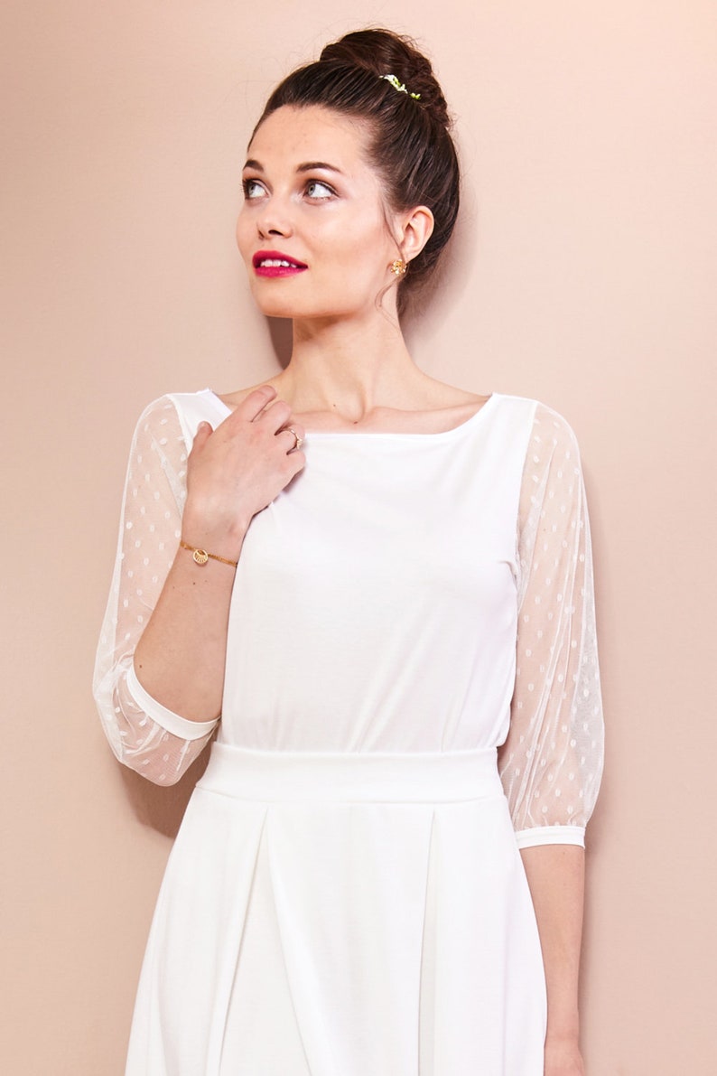 Simple bridal top with dotted tulle sleeves wedding dress two-piece registry office LEILA image 2