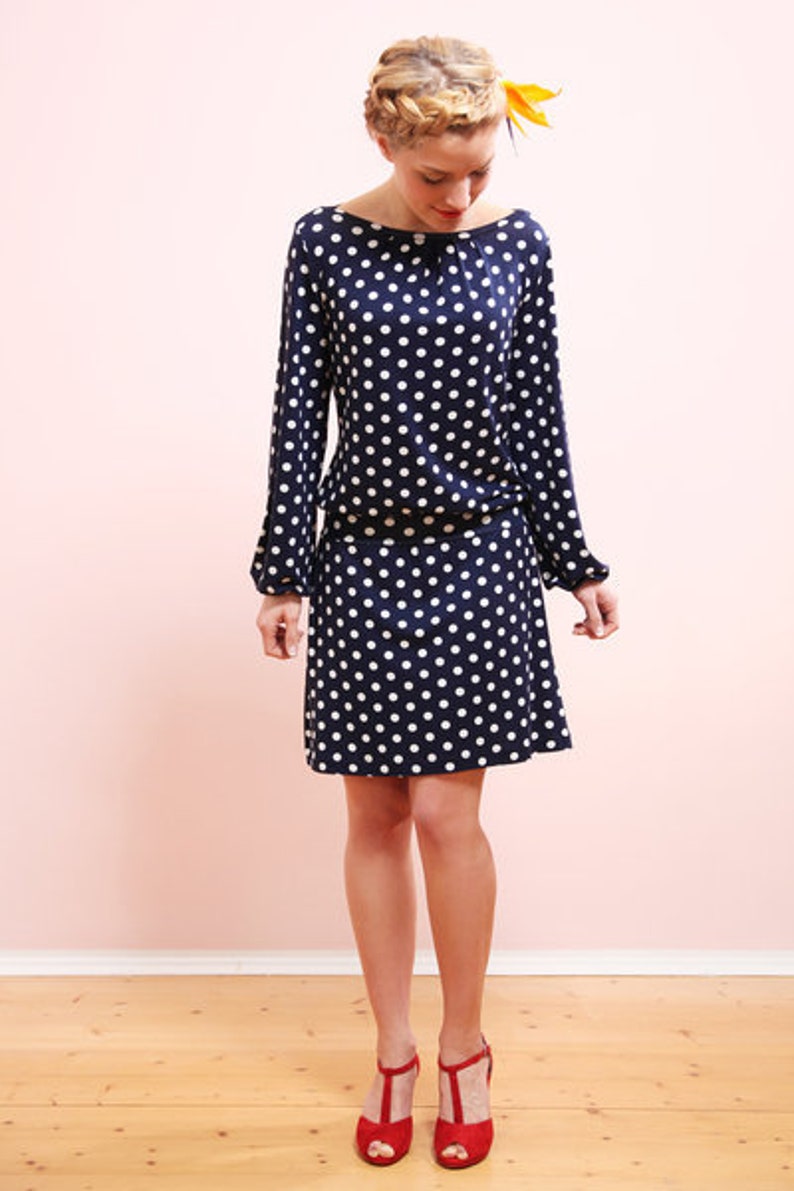 Jersey dot dress with long sleeves, polka dots dress in navy-white VALERIA image 1