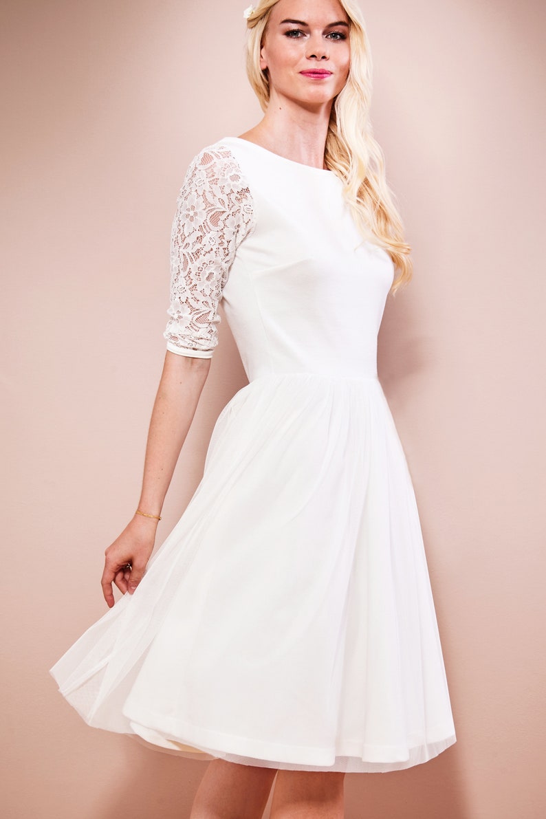 Wedding dress registry office with short tulle skirt, 3/4 sleeves made of lace and back cut-out made to measure EMILIA image 6