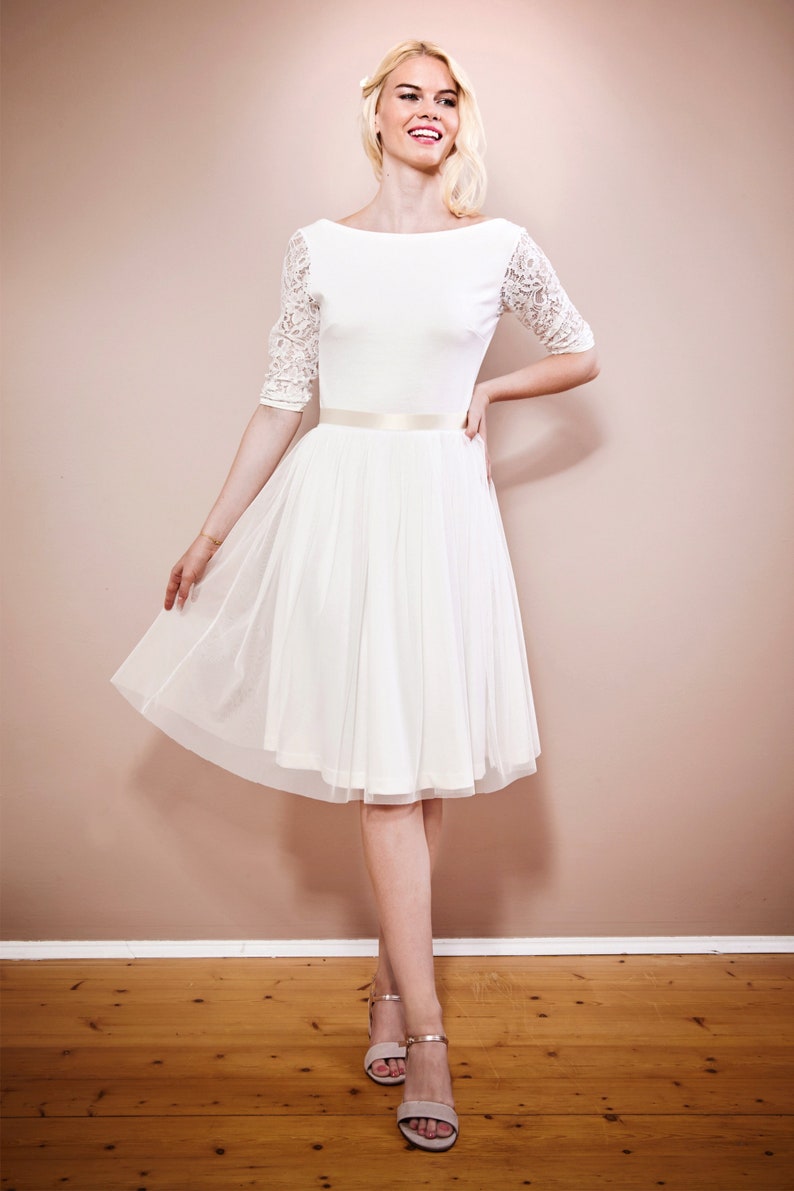 Wedding dress registry office with short tulle skirt, 3/4 sleeves made of lace and back cut-out made to measure EMILIA image 1