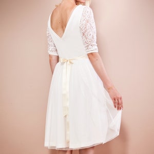 Wedding dress registry office with short tulle skirt, 3/4 sleeves made of lace and back cut-out made to measure EMILIA image 10