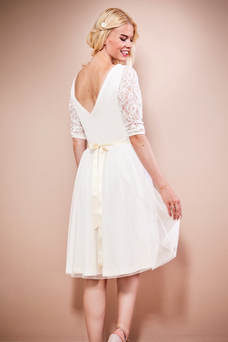 Wedding dress registry office with short tulle skirt, 3/4 sleeves made of lace and back cut-out made to measure EMILIA image 10