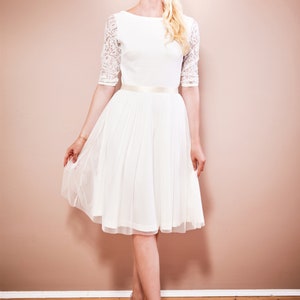 Wedding dress registry office with short tulle skirt, 3/4 sleeves made of lace and back cut-out made to measure EMILIA image 2