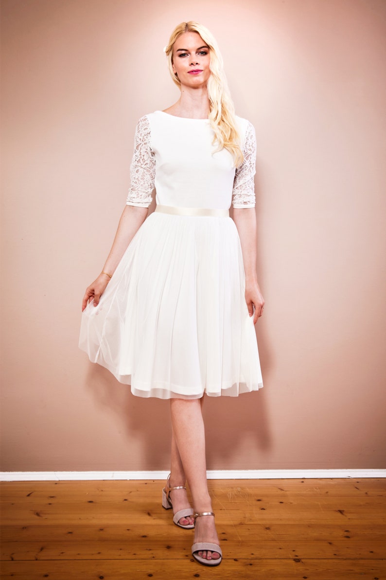 Wedding dress registry office with short tulle skirt, 3/4 sleeves made of lace and back cut-out made to measure EMILIA image 2