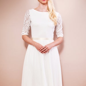 Wedding dress registry office with short tulle skirt, 3/4 sleeves made of lace and back cut-out made to measure EMILIA image 3