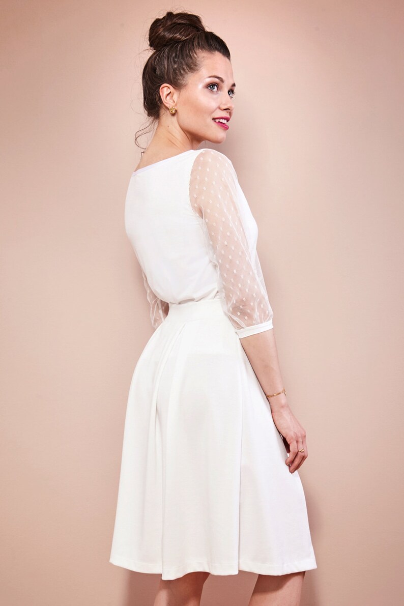 Simple bridal top with dotted tulle sleeves wedding dress two-piece registry office LEILA image 8