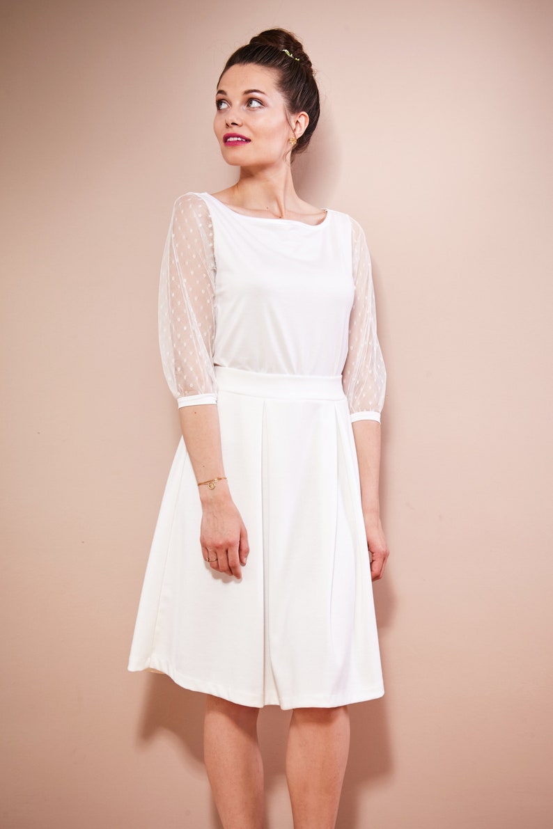 Simple bridal top with dotted tulle sleeves wedding dress two-piece registry office LEILA image 5