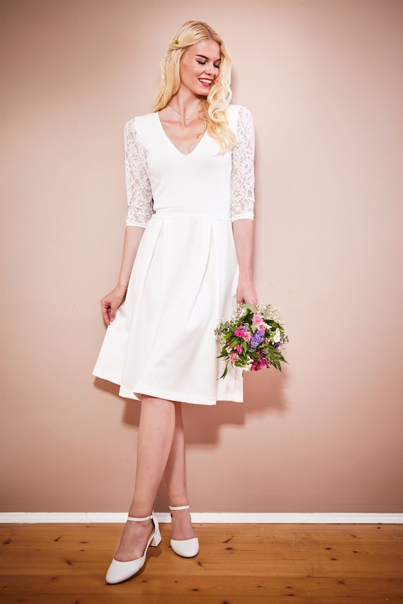 3 4 sleeve short wedding dress Vintage 3/4 Sleeves Satin Short Wedding Dresses