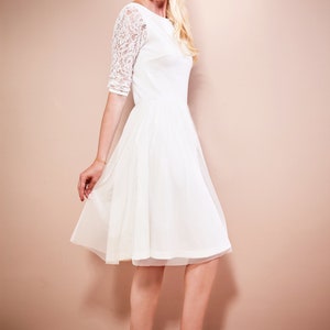Wedding dress registry office with short tulle skirt, 3/4 sleeves made of lace and back cut-out made to measure EMILIA image 7