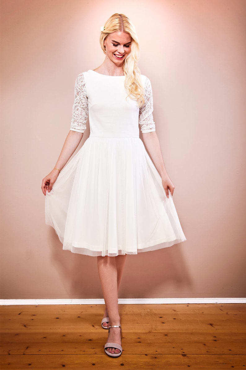 Wedding dress registry office with short tulle skirt, 3/4 sleeves made of lace and back cut-out made to measure EMILIA image 4