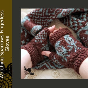 Könnte beinhalten: Strickmuster für fingerlose Handschuhe namens "Watching Sparrows". Das Muster zeigt ein braunes und blaues Farbschema mit einem geometrischen Design.
