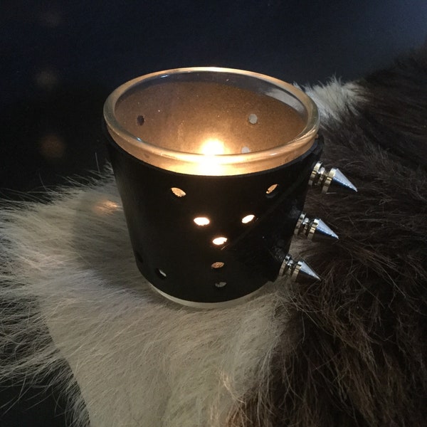 Leather Wrapped Candle - leather home decor candle holder leather furniture leather life fetish black leather black home decor black candle