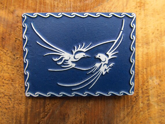 Vintage Metal Birds Brooch - Blue Rectangular Bir… - image 2