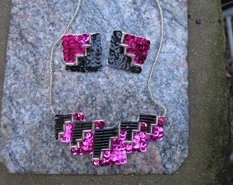 Vintage Disco Sequin Earrings and Necklace Set - Sequined Fuchsia Pink and Black Jewelry Set