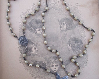 Vintage Sterling and Pearl Colored Bead Rosary - Sterling and Pearlized Bead Rosary