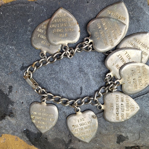 Vintage Ten Commandments Heart Charm Bracelet Silver Steel