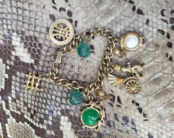 Vintage 1960's Asian Inspired Charm Bracelet Soft Gold Tone Steel Green Accent