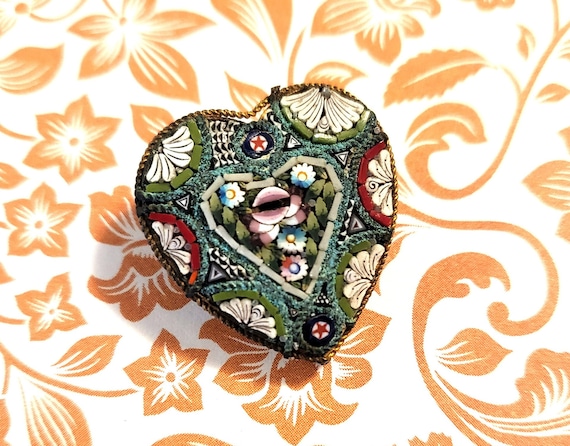 Vintage Micro Mosaic Heart Shaped Brooch / Pin With Flowers  Vintage Micro Mosaic Heart Brooch main image 2