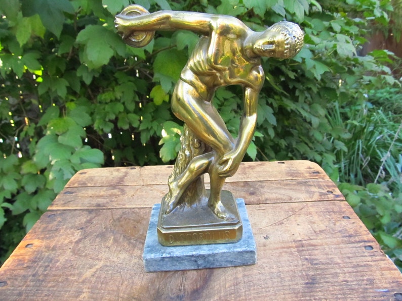 Vintage Cast Metal Greek Statue Discobolus Statue image 1