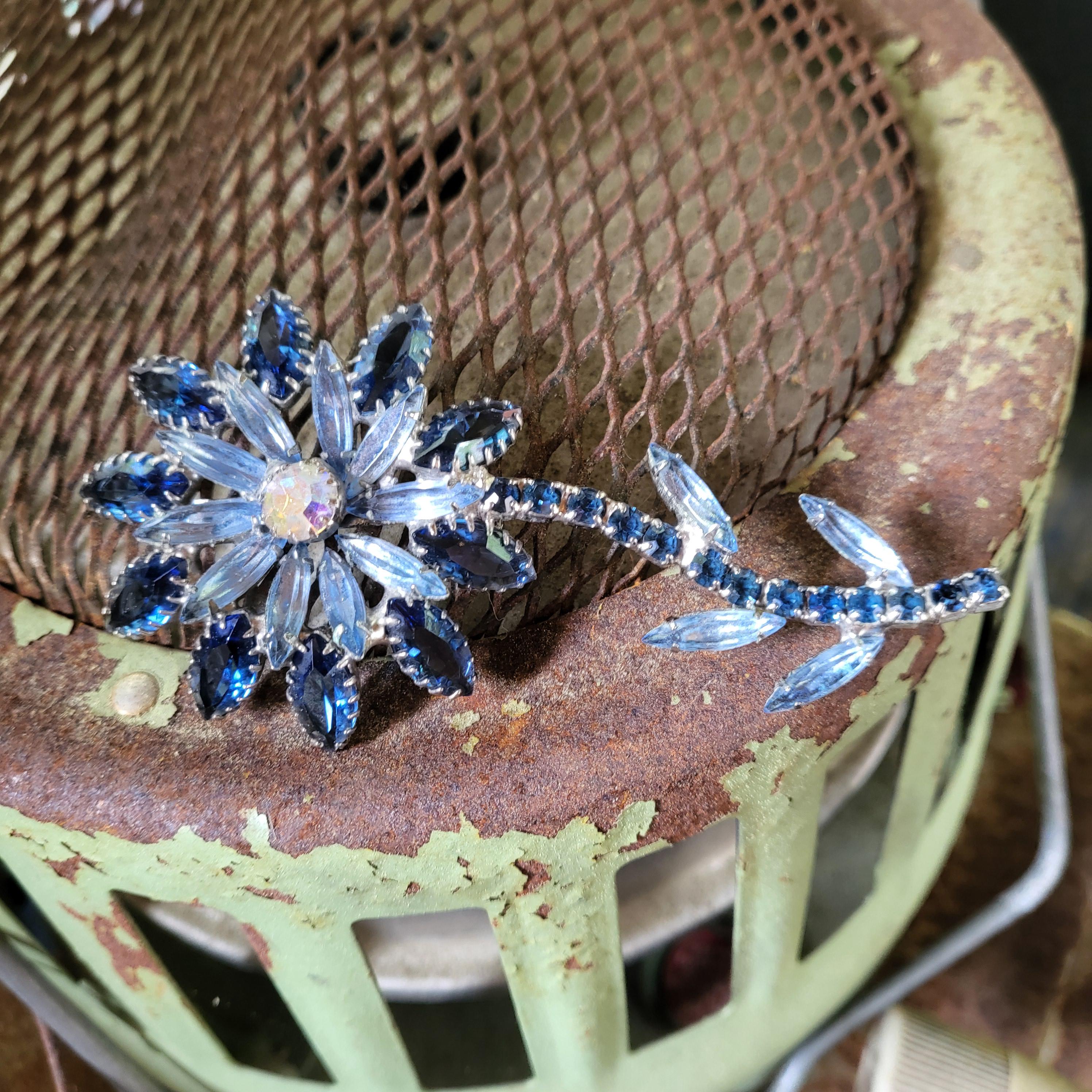 Vintage Multitone Blue Rhinestone Floqer With Stem and Leaves