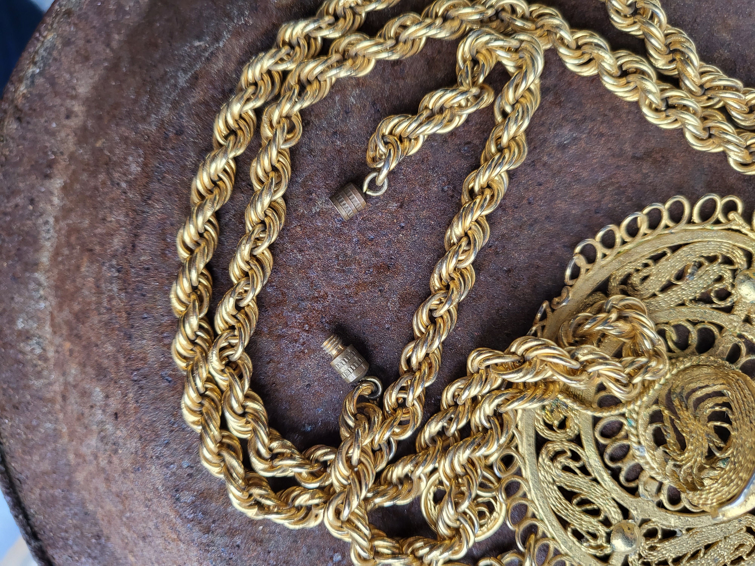 Western Rope Filigree Filigree Gold Tone Sombrero Hat With Dangle Coins on Gold Tone Rope ...